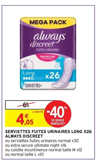 Serviettes Fuites Urinaires Long X26 Always Discreet