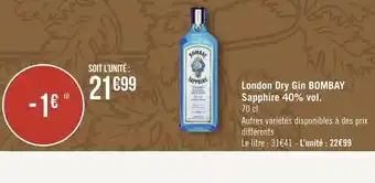 Géant Casino Bombay london dry gin sapphire 40% vol. offre