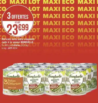 Géant Casino Bonduelle haricots verts extra croquants cuits à la vapeur offre