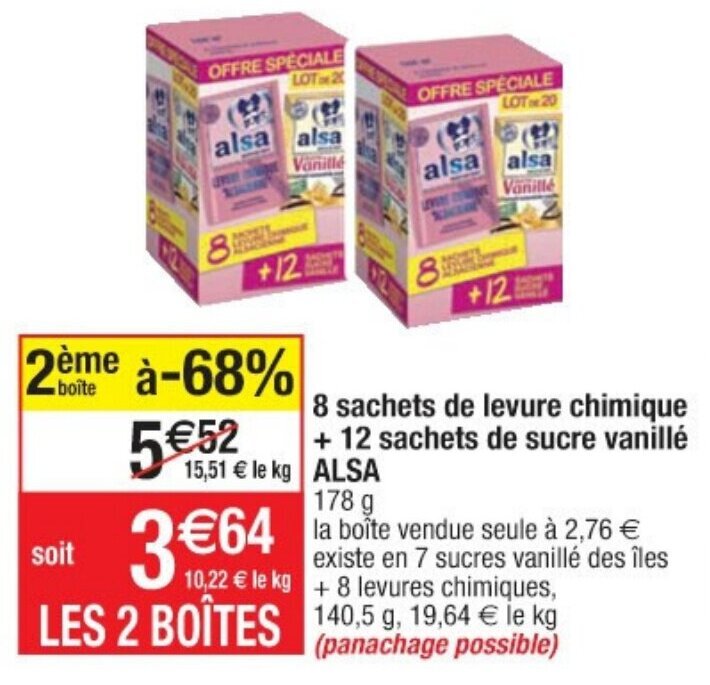Promo 8 sachets de levure chimique + 12 sachets de sucre vanillé Alsa