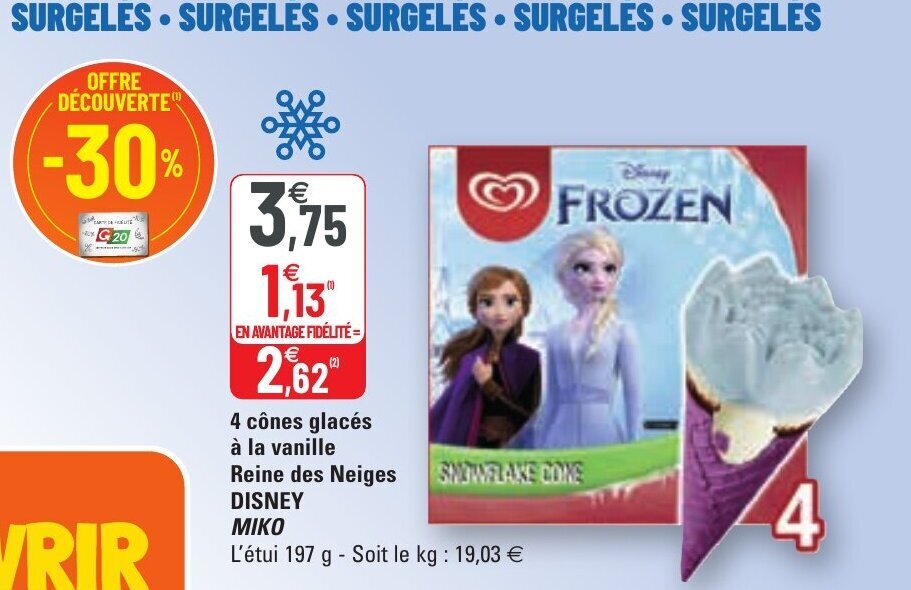 Promo 4 Cônes Glacés à La Vanille Reine Des Neiges Disney Miko chez G20