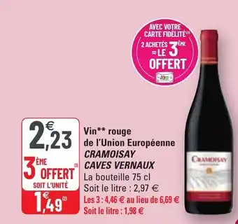 G20 Vin Rouge de l'Union Européenne Cramoisay Caves Vernaux offre