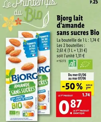 Lidl Bjorg lait d'amande sans sucres bio offre