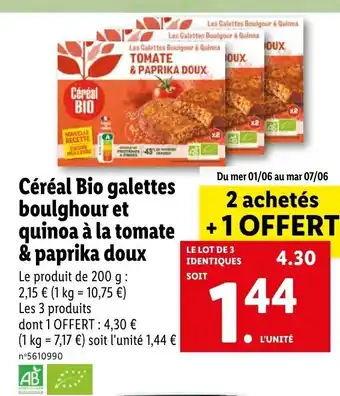 Lidl Céréal Bio Galettes Boulghour Et Quinoa à La Tomate & Paprika Doux offre