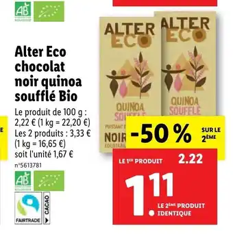 Lidl Alter Eco Chocolat Noir Quinoa Soufflé Bio offre