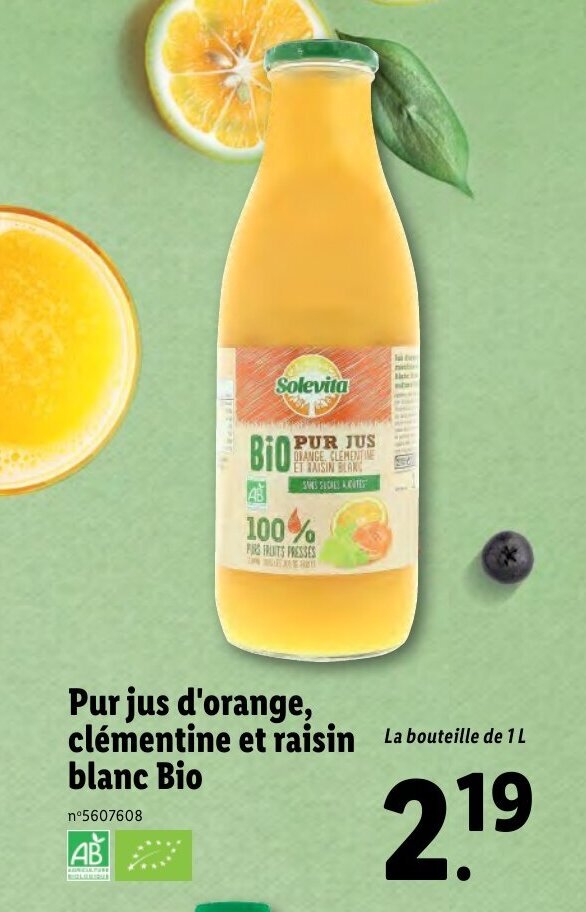 Promo Pur Jus d'Orange Clémentine Et Raisin Blanc Bio chez Lidl