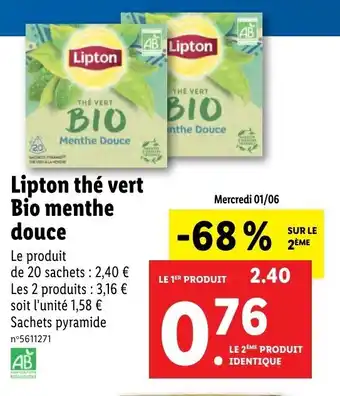 Lipton Thé Vert Bio Menthe Douce