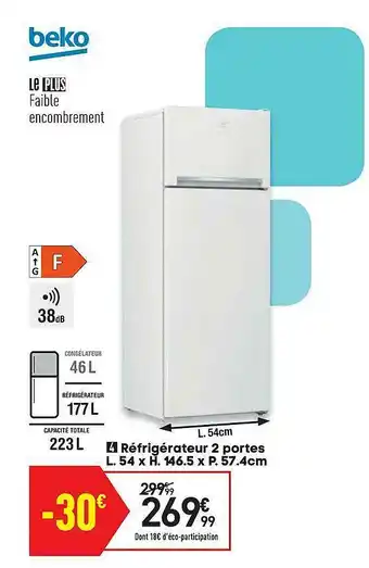 Conforama Réfrigérateur 2 Portes L. 54 X H. 146.5 X P.57.4 Cm Beko offre
