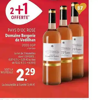 Lidl Pays D'oc Rose Domaine Bergerie De Vedilhan 2020 Igp offre