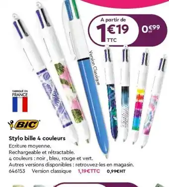 Plein ciel BIC Stylo Bille 4 Couleurs offre