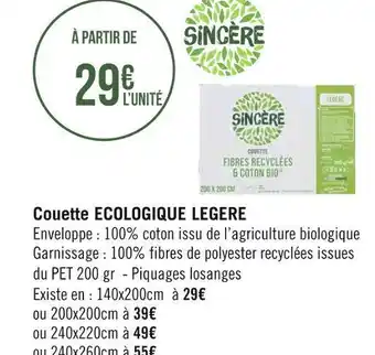 Géant Casino Sincère couette ecologique legere offre