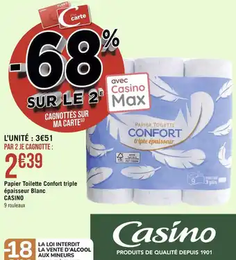 Géant Casino Casino papier toilette confort triple épaisseur blanc offre
