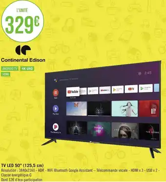 Géant Casino Continental edison tv led 50’’ (125,5 cm) offre