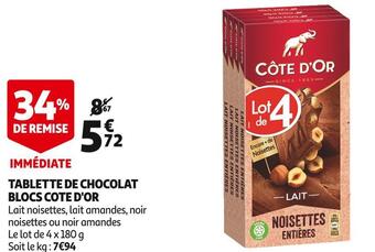 Auchan Cote d'or tablette de chocolat blocs offre