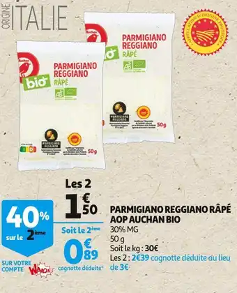 Auchan bio parmigiano reggiano râpé aop