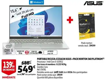 Auchan Asus portable r515ja-ej2161w + pack norton 360 platinum offre