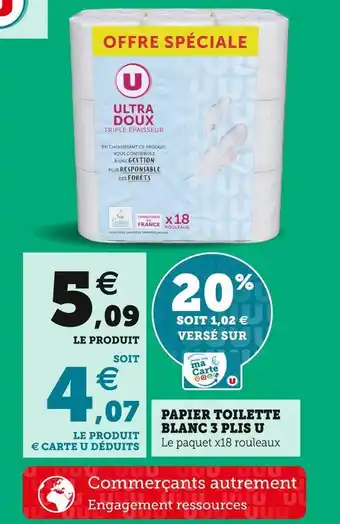 Super U U papier toilette blanc 3 plis offre