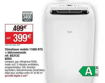 Climatiseur Mobile 11680 Btu + Télécommande Réf. Ba312c Beko