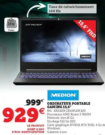 Hyper U MEDION ordinateur portable gaming 15,6" offre