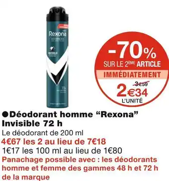 Monoprix Rexona déodorant homme nvisible 72 h offre