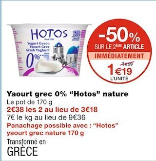 Monoprix Hotos yaourt grec 0% nature offre