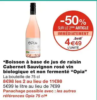 Monoprix Opia boisson à base de jus de raisin cabernet sauvignon rosé vin biologique et non fermenté offre