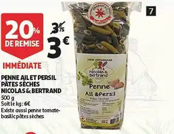 Auchan Nicolas&bertrand Penne Ail Et Persil Pâtes Sèches offre