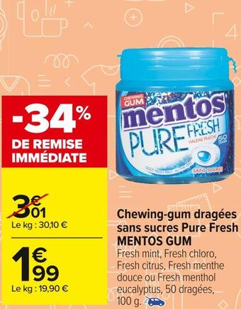 Carrefour Market Mentos gum chewing-gum dragées sans sucres pure fresh offre