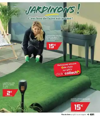 Gifi Jardinière Haute Cancun 48 L, Lampe Solaire Effet Flamme 12 Led, Gazon Artificiel offre