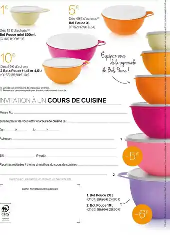 Tupperware Bol Pouce Mini 600 Ml, 2 Bols Pouce (1,4 L Et 4,5 L), Bol Pouce 3 L offre