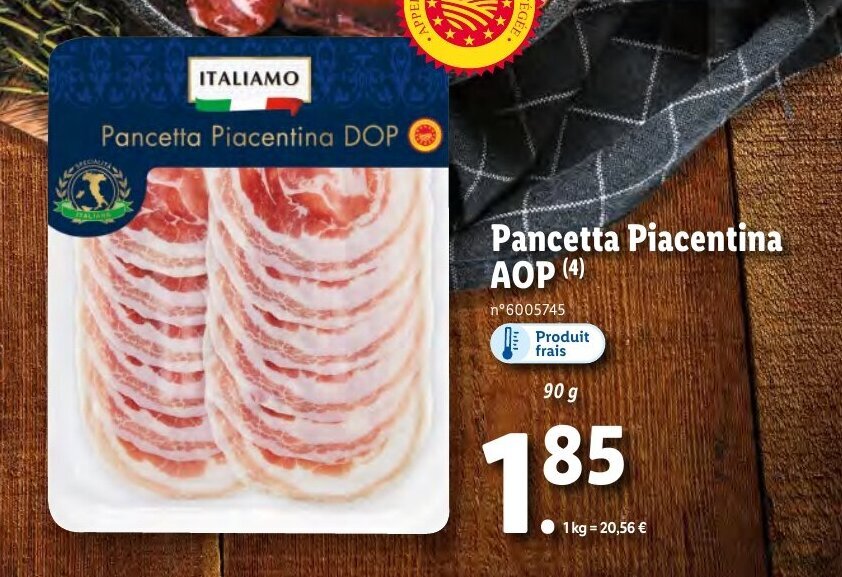 Promo Pancetta Piacentina AOP chez Lidl