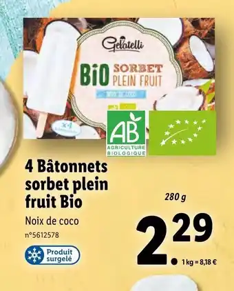 Lidl 4 Bâtonnets sorbet plein fruit bio offre