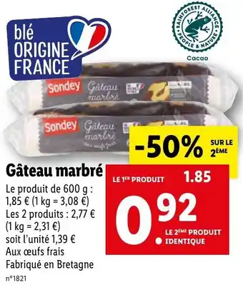 Lidl Sondey Gâteau marbré offre