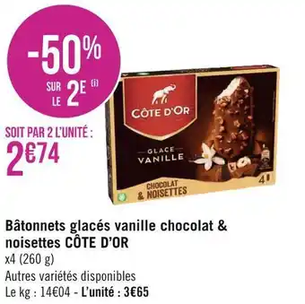 Géant Casino Côte d’or bâtonnets glacés vanille chocolat & noisettes offre