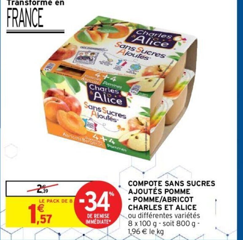 Promo Charles Et Alice Compote sans sucres ajoutés pomme chez