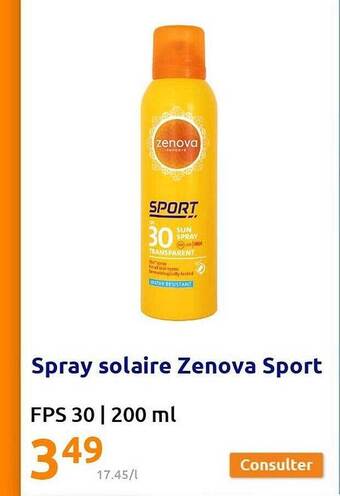 Action Spray Solaire Zenova Sport offre