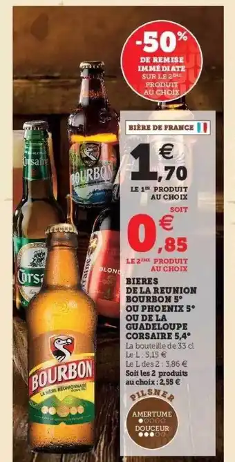 Hyper U Bières De La Réunion Bourbon5° Ou Phoenix 5° Ou De La Guadeloupe Corsaire 5,4° offre