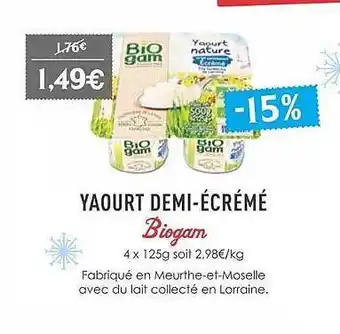 Naturalia Yaourt Demi-écrémé Biogam offre