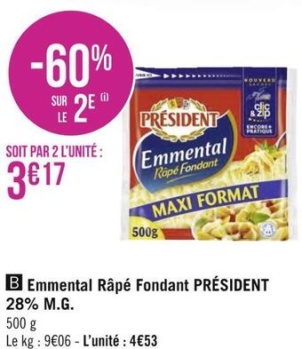 Géant Casino Président emmental râpé fondant 28% m.g. offre