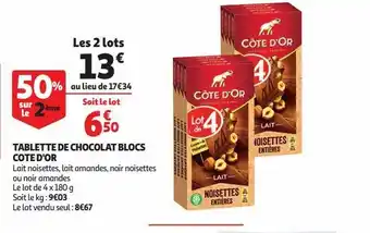 Auchan Tablette de chocolat blocs cote d'or offre