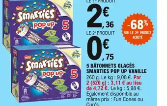 E.Leclerc 5 Bâtonnets Glacés Smarties Pop Up Vanille offre