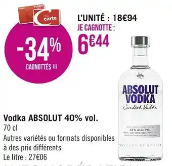 Casino Supermarchés Vodka ABSOLUT 40% vol. offre