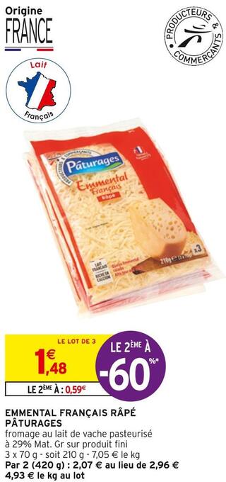 Intermarché Emmental français râpé pâturages offre