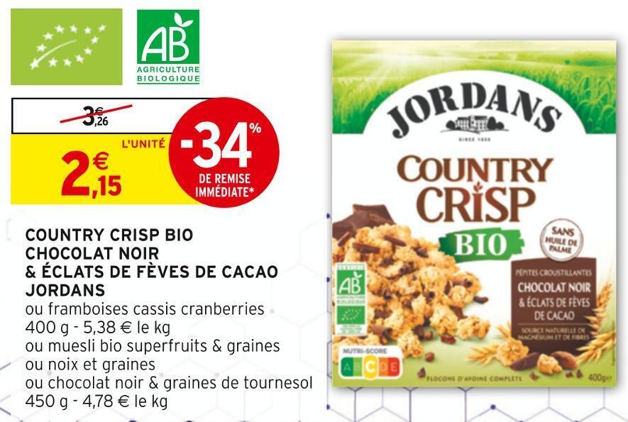 Promo Jordans country crisp bio chocolat noir & éclats de fèves de