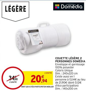 Intermarché Domédia couette légère 2 personnes offre