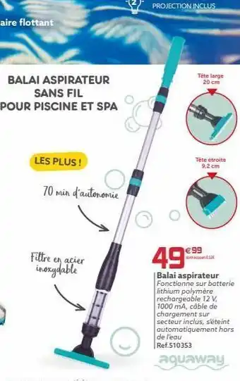 Gifi Balai aspirateur sans fil pour piscine et spa les plus ! 70 min d'autonomie tête large 20 cm tête étroite 9,2 cm 49⁹ offre
