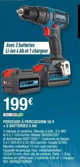 Brico Dépôt Perceuse à Percussion 18 V + 2 Batterie 4 Ah offre