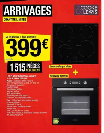 Brico Dépôt Lot Plaque Induction 4 Zones + Four Pyrolyse 66l Cooke & Lewis offre