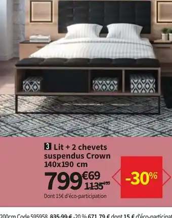 Conforama Lit +2 Chevets Suspendus Crown 140x190cm offre