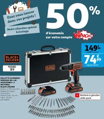 Auchan Black & decker mallette aluminium perceuse 18v + 80 accessoires + 2 batteries offre